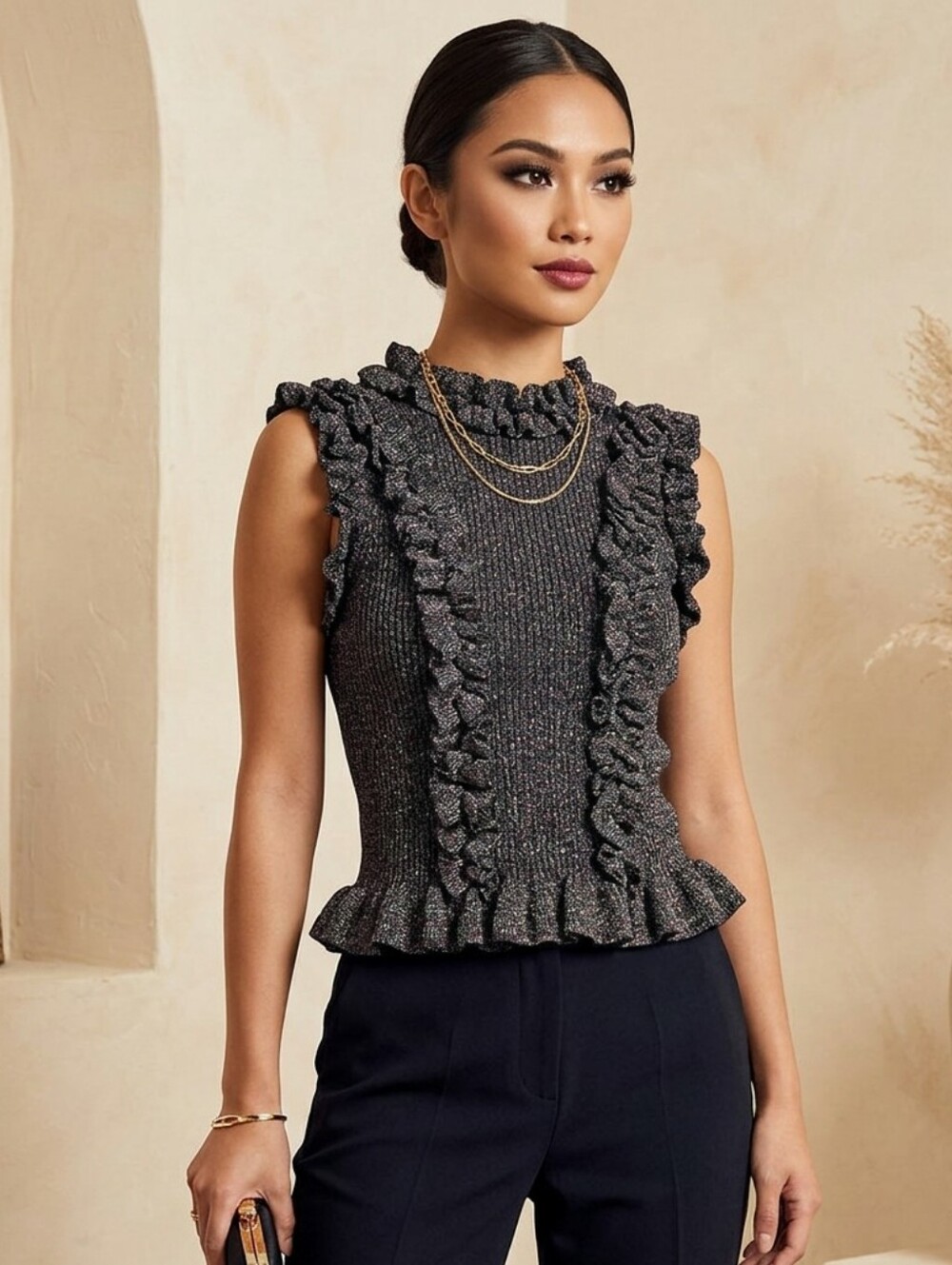 Zara Sparkle Grey Sleeveless Ruffle Top Small